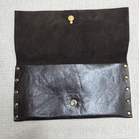 Moss Mills Dark Brown / Black  Leather Lotus Flower Studded Envelope Clutch Bag - Picture 7 of 10